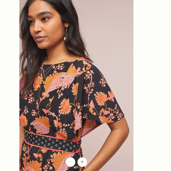 MAEVE Anthropologie Botanical Floral Black Belted Flutter Sleeve Jumpsuit Size L - Picture 3 of 12